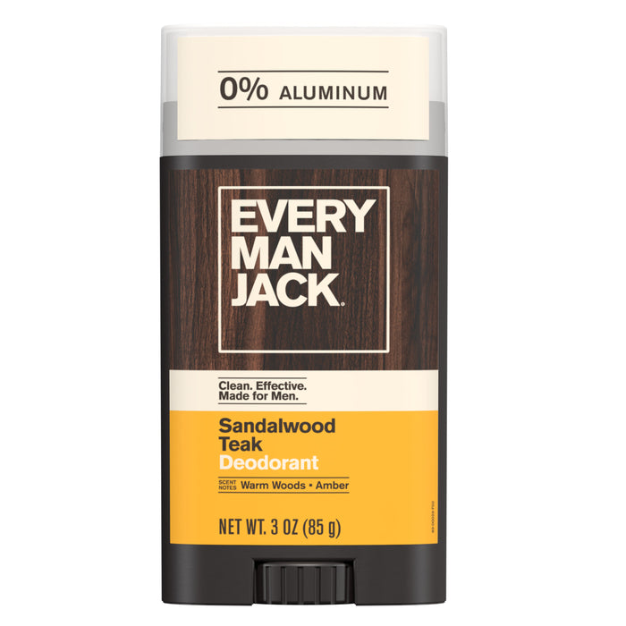 A 3 oz (85 g) stick of Every Man Jack Aluminum-Free Deodorant for Men, featuring a wood-grain design. This natural, cruelty-free deodorant is scented with warm woods and amber and delivers long-lasting freshness without harsh chemicals.