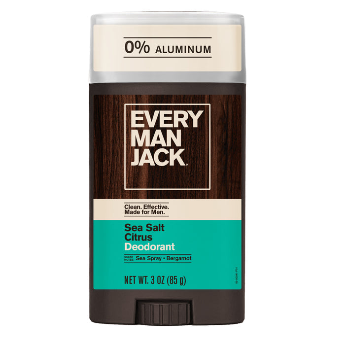 A 3 oz stick of Every Man Jack Aluminum-Free Deodorant for Men in Sea Salt Citrus scent, featuring sea spray and bergamot notes. This cruelty-free deodorant is free from aluminum and comes in brown and teal packaging.