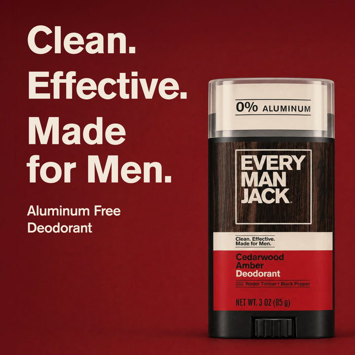 A stick of Every Man Jack Aluminum-Free Deodorant for Men, Naturally Derived stands on a red background next to text highlighting its clean, effective, and long-lasting freshness. Made without aluminum and packed with natural odor fighters, this deodorant is crafted specifically for men.