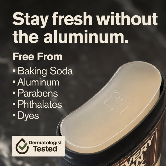 Every Man Jack Aluminum-Free Deodorant for Men with text: Stay fresh without the aluminum. Made with naturally derived odor fighters for all-day freshness. Free from baking soda, aluminum, parabens, phthalates, and dyes. Features a Dermatologist Tested badge.