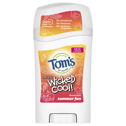 Toms of Maine presents the Aluminum-Free Wicked Cool Natural Deodorant for Kids in a Summer Fun edition, featuring 24-hour odor protection. Adorned with floral and leaf patterns, it boasts a New Look badge for its fresh design.