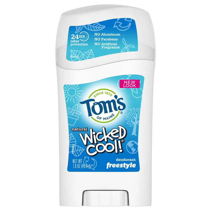 Image of Toms of Maine Aluminum-Free Wicked Cool Natural Deodorant for Kids, featuring 24HR odor protection, without aluminum, parabens, or artificial fragrance. The label reads Wicked Cool! and natural deodorant freestyle on a white background with blue and green accents.