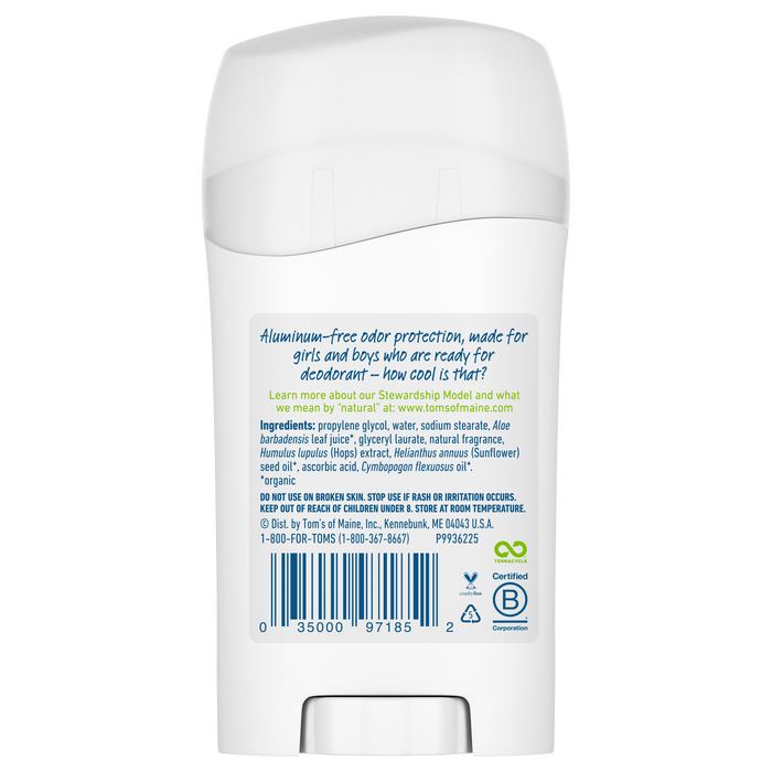 The back view of Tom’s of Maine Aluminum-Free Wicked Cool Natural Deodorant for Kids reveals its aluminum-free formula, suitable for both boys and girls. Ingredients, company info, certification logos, and a barcode are displayed on the white packaging.