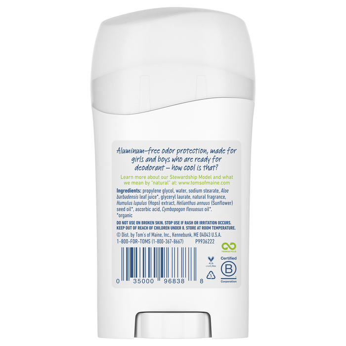 Back view of Toms of Maine Aluminum-Free Wicked Cool Natural Deodorant for Kids shows the label with contact info and website link. Features vegetable-derived propylene glycol and water in a white container, with green and blue text.