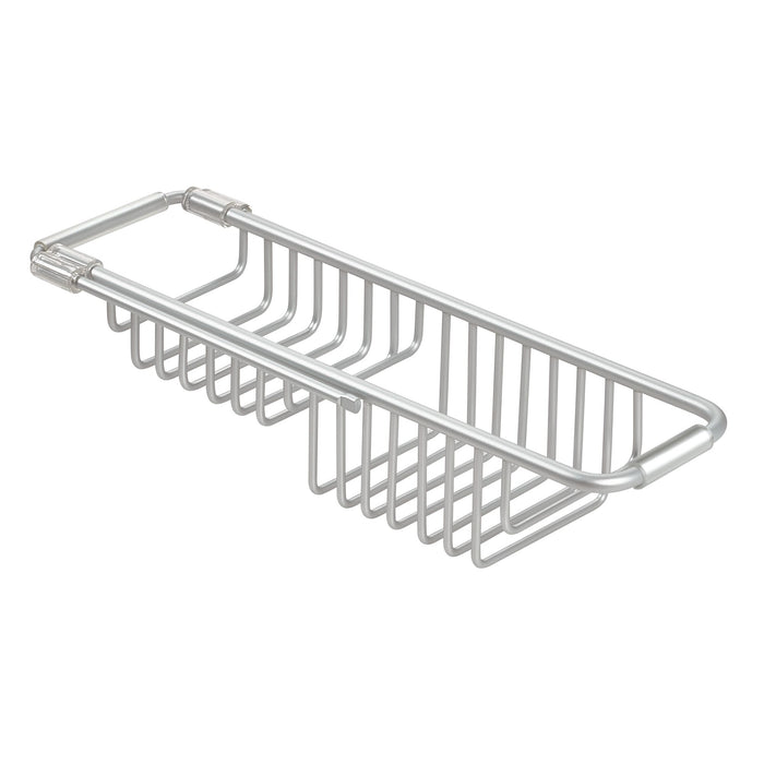 The iDesign Aluminum Over The Sink Basket features an open grid, rectangular design, and a side handle. Made from rust-resistant aluminum, this silver basket is ideal for storage or organizational use. Its perfect as an over-sink organizer against a plain white background.