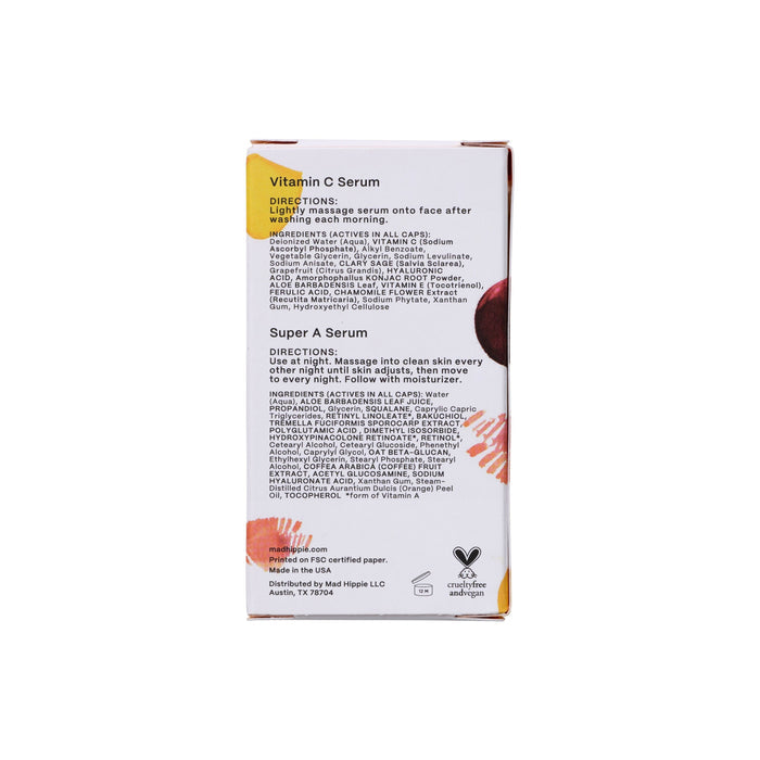The Mad Hippie AM PM Dual Pack showcases the antioxidant-rich Vitamin C Serum and potent Vitamin A Serum in a white box. The packaging features colorful abstract designs, cruelty-free icons, and provides detailed ingredient information and usage directions.