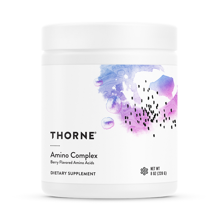 A white jar of Thornes Amino Complex supplement features a refreshing berry flavor and essential amino acids, with abstract purple and blue watercolor designs on the label. It contains 8 oz (228 g) to support your wellness journey.