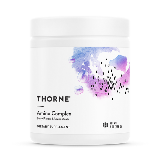 A white jar of Thornes Amino Complex supplement features a refreshing berry flavor and essential amino acids, with abstract purple and blue watercolor designs on the label. It contains 8 oz (228 g) to support your wellness journey.
