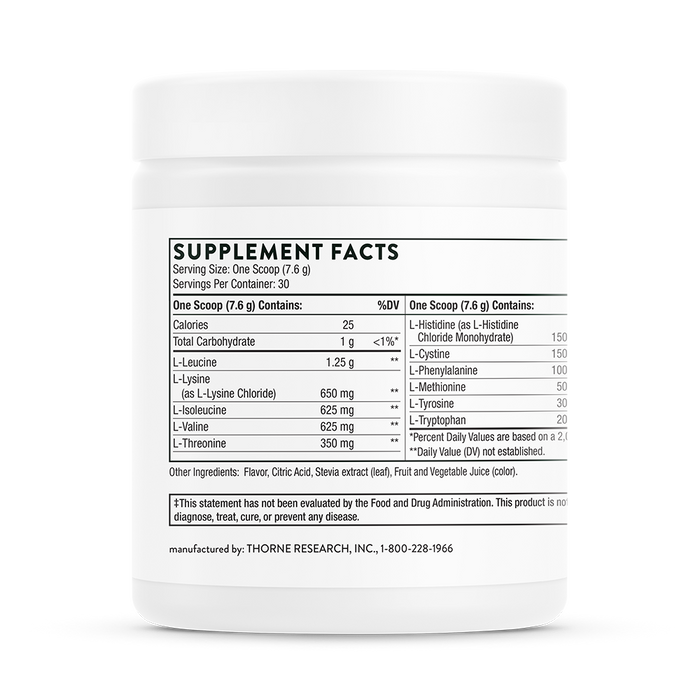 Thornes Amino Complex supplement features a white container with black text detailing supplement facts, emphasizing calories, carbohydrates, and essential amino acids (EAAs) like L-Leucine and L-Lysine. It notes the product is not intended to diagnose, treat, cure, or prevent any disease.