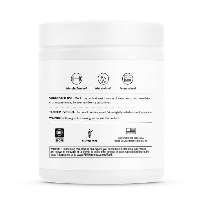 The Thorne Amino Complex comes in a white jar with usage instructions, tamper-evident details, and warnings. Icons indicate benefits for muscles/tendons and metabolism due to amino acids. Its gluten-free, made in the USA using imported ingredients.