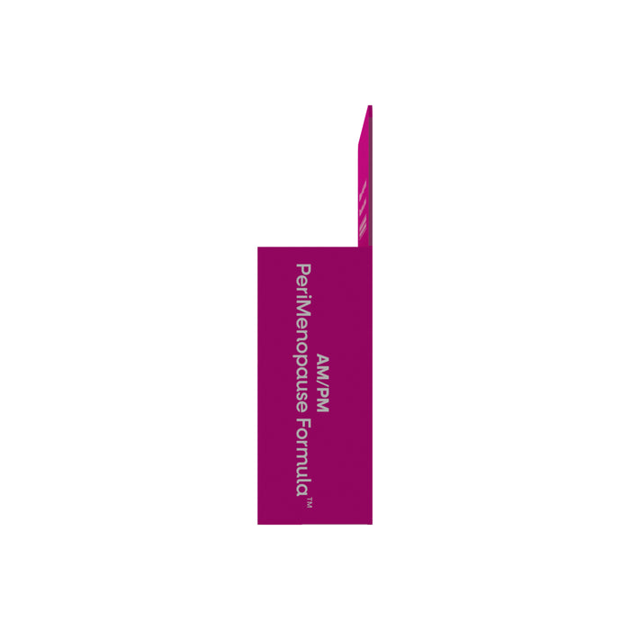 A magenta Natures Way AM/PM PeriMenopause Formula box stands upright, viewed from the side with the product name in white—this dietary supplement helps ease menstrual symptoms and night sweats.