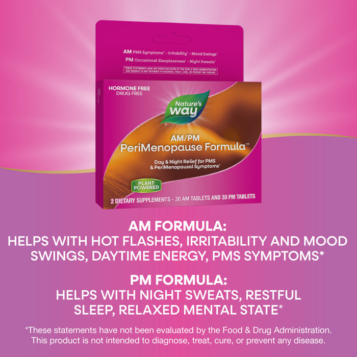 Natures Way AM/PM PeriMenopause Formula packaging highlights benefits: the AM formula helps with hot flashes, irritability, mood swings, energy, and menstrual symptoms; the PM formula supports night sweat relief, restful sleep, and relaxation.