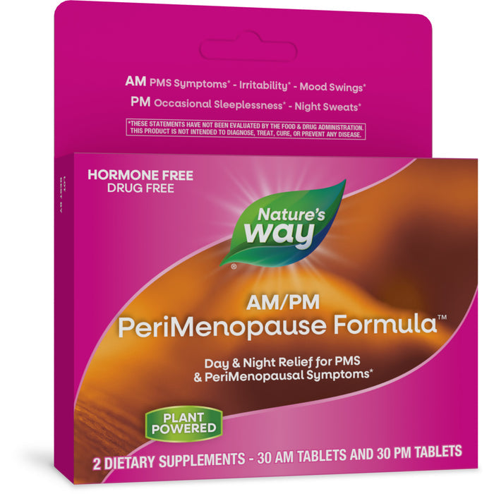 Natures Way AM/PM PeriMenopause Formula is a pink and orange box with 30 AM and 30 PM hormone-free tablets, designed to help relieve PMS, menstrual symptoms, and night sweats.