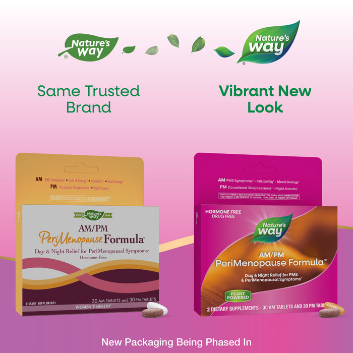Two boxes of Nature’s Way AM/PM PeriMenopause Formula are shown: old beige packaging (left) and new vibrant purple packaging (right). Text reads, “Same Trusted Brand, Vibrant New Look.”.
