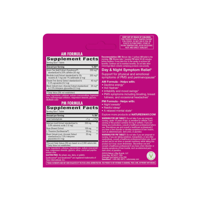 Back of Natures Way AM/PM PeriMenopause Formula package displaying nutrition facts, directions, warnings, and product info on a bright pink background. Highlights menopause symptom relief—including night sweats—plus gluten-free and vegan.