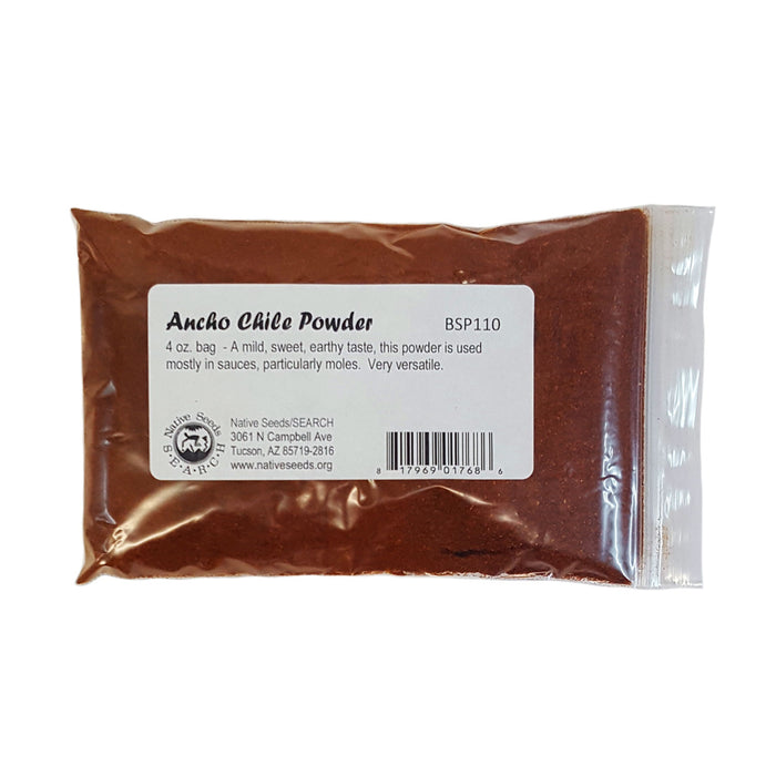 Ancho Chile Powder. Mild, sweet earthy taste Used mostly in sauces, particularly moles Very versatile 4 ounce bag