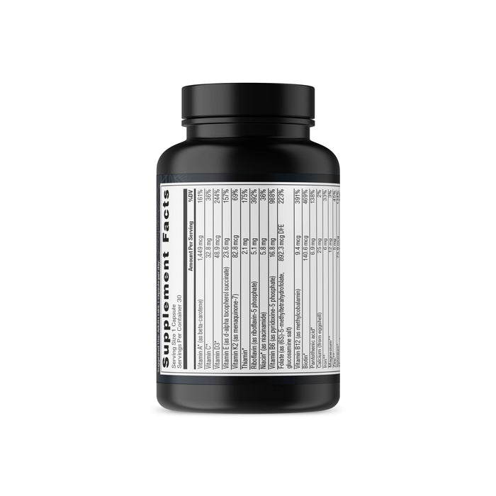 The Ancient Nutrition product, Ancient Multi - Womens Once Daily, is packaged in a black bottle featuring a gray label that lists supplement facts, ingredients, and nutritional information, detailing essential nutrients vital for maintaining healthy energy levels.