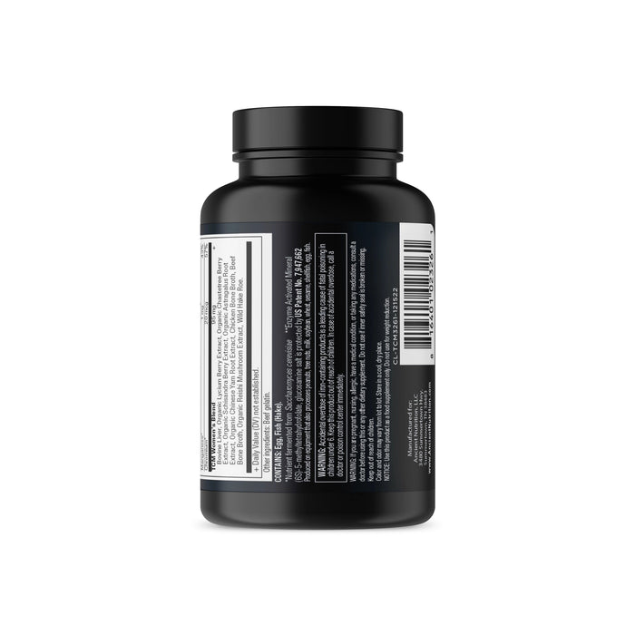 A black bottle with a sealed cap designed for prenatal and postpartum health, the Ancient Multi - Womens Once Daily by Ancient Nutrition features a detailed label with white text, barcode, and ingredients list. It supports womens energy levels and is set against a plain white background.