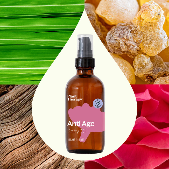 Plant Therapys Anti Age Body Oil, known for giving skin a youthful glow, is at the center of a teardrop shape, surrounded by detailed images of green leaves, frankincense resin, wood grains, and pink rose petals.