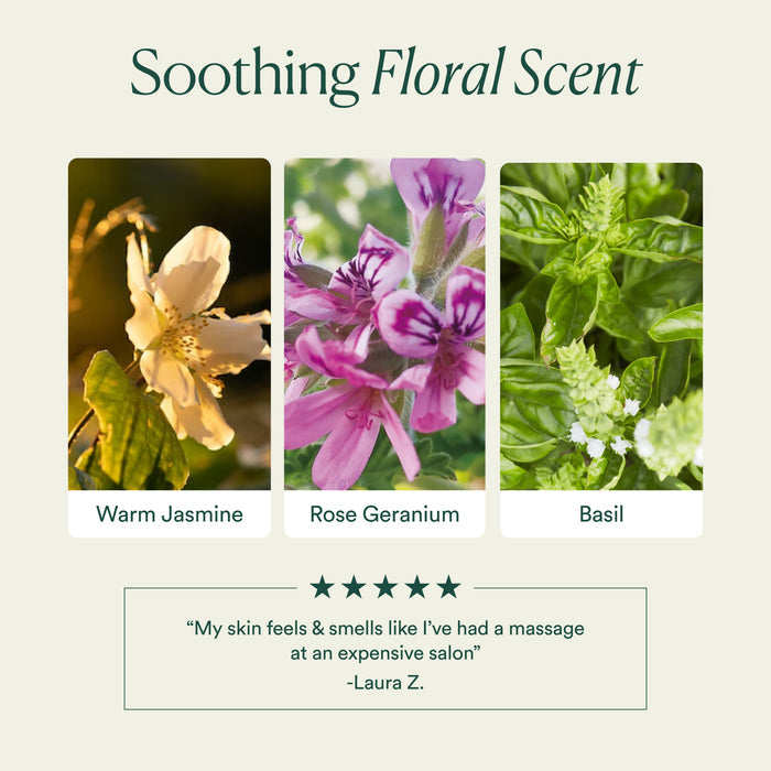 Three photos feature jasmine, rose geranium, and basil. Text reads: Soothing Floral Scent. A 5-star review says, “My skin feels & smells like I’ve had a massage at an expensive salon.” Try OSEA’s Anti-Aging Body Balm for improved skin elasticity!.