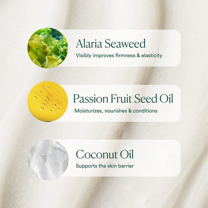 OSEA’s Anti-Aging Body Balm lists three ingredients on a cream-colored background: Alaria Seaweed (boosts skin elasticity), Passion Fruit Seed Oil (moisturizes, nourishes), and Coconut Oil (supports the skin barrier and anti-aging).