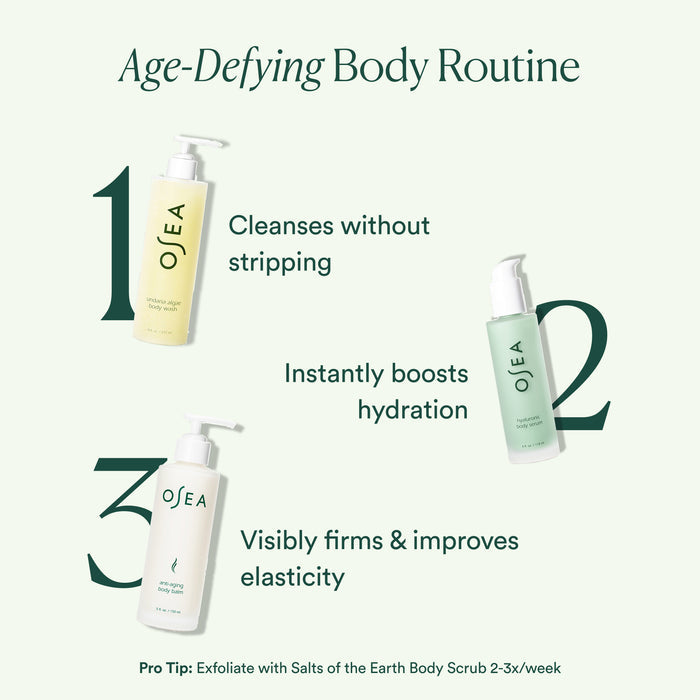 Three OSEA Anti-Aging Body Balm bottles labeled 1, 2, and 3 are shown: 1—Cleanses without stripping, 2—Instantly boosts hydration, 3—Visibly firms & improves skin elasticity for anti-aging results. Pro tip at the bottom.