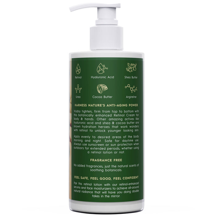 Tree To Tubs Anti Aging Retinol Body Lotion with Shea & Cocoa Butter is packaged in a green bottle with a white pump and features Retinol, Hyaluronic Acid, and Shea Butter to target fine lines and wrinkles while enhancing skin hydration. Fragrance-free for youthful skin.