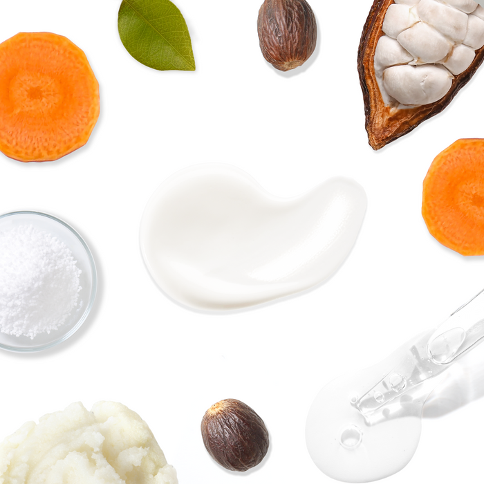 Flat lay of skincare ingredients on a white background showcases carrot slices, nutmeg, a coconut half, shea butter, and a green leaf. A smear of Tree To Tubs Anti Aging Retinol Body Lotion with Shea & Cocoa Butter is visible beside coconut oil in a dropper and a bowl of salt.