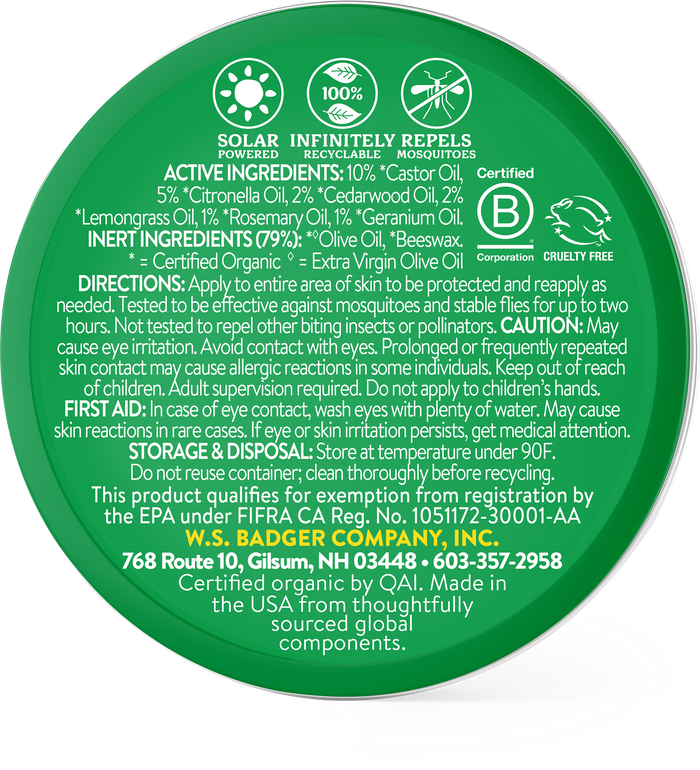 The circular green label for Badger Balms Anti-Bug Balm highlights its DEET-free formula, includes active/inert ingredients, usage instructions, and company contact info. It features icons for being solar powered, recyclable, and cruelty-free, with certified organic and B Corporation logos.