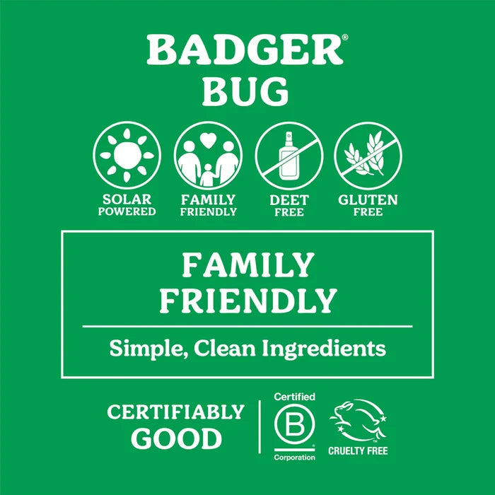 Green graphic for Badger Balm’s Anti-Bug Shake & Spray highlights icons and text: solar powered, family friendly, DEET free, gluten free, simple clean ingredients, B Corp certified, cruelty free, and made with organic citronella lemongrass insect repellent.