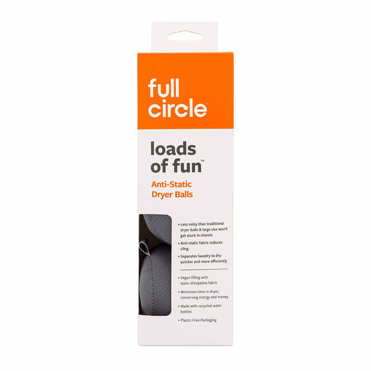 Full Circles Anti-Static Dryer Balls Grey come in a white and orange box, showcasing features like reducing dry time, static, and wrinkles. Made with eco-friendly materials, the packaging includes a window to display the balls—an ideal sustainable choice for wrinkle-free clothes.