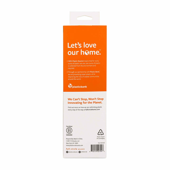 The image shows the back of a rectangular package with an orange section at the top reading, Lets love our home. It features Full Circles sustainable and eco-friendly Anti-Static Dryer Balls Grey. Logos and text mentioning Plastic Bank are visible at the bottom.