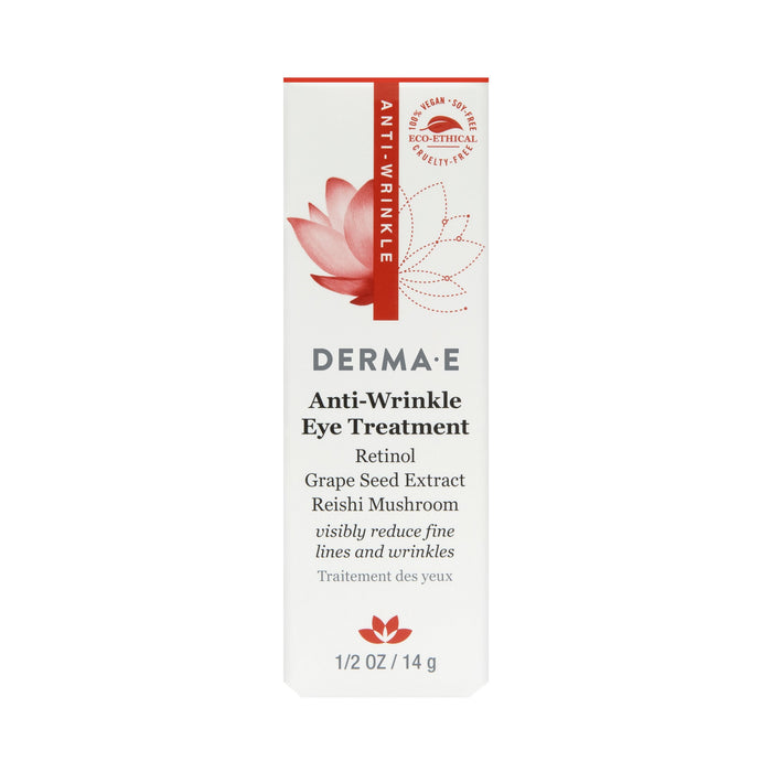 Derma Es Anti-Wrinkle Eye Treatment Gel contains Retinol, Reishi and Grape Seed Extracts. The 0.5 oz / 14 g package is white with red accents, promising to reduce fine lines for a youthful glow.