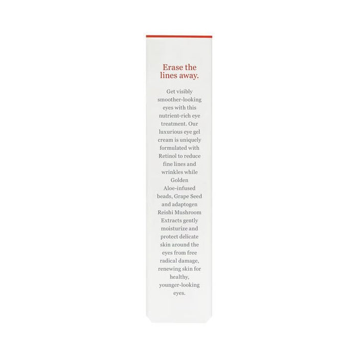 The sleek white packaging of Derma Es Anti-Wrinkle Eye Treatment Gel highlights its formula to reduce fine lines and wrinkles. Featuring Golden Aloe, Retinol, and Reishi Mushroom Extracts, it promises rejuvenated, younger-looking eyes.