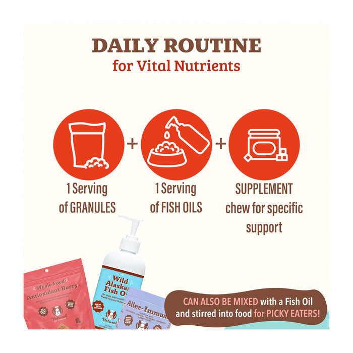 Infographic titled "Daily Routine for Vital Nutrients" showing steps: 1 serving of granules, 1 serving of fish oils, and a supplement chew. Includes product images and text about mixing with fish oil for picky eaters.