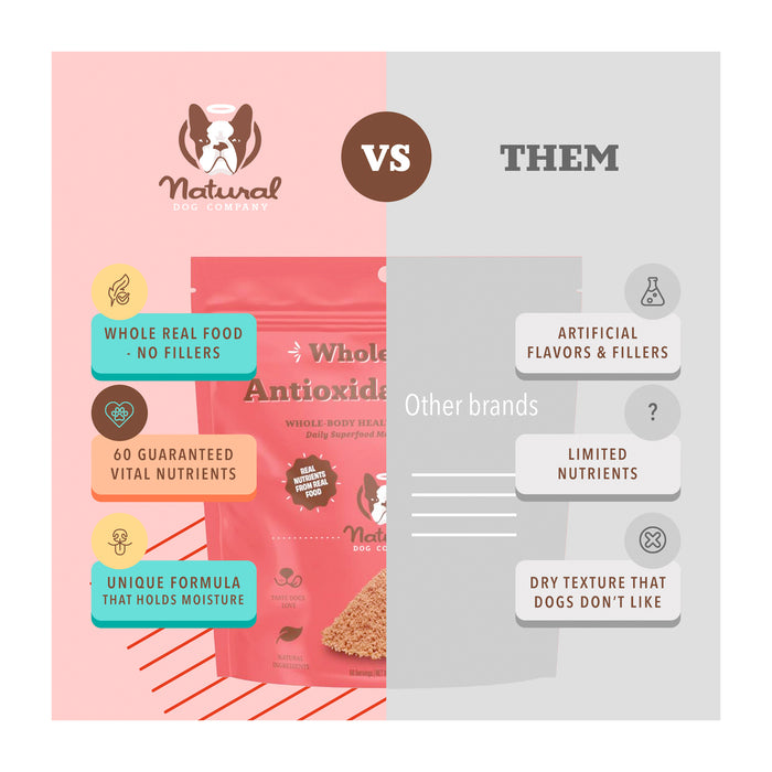 Comparison image featuring Natural Dog Company food on the left with claims of whole real food, 60 nutrients, and unique moisture formula. On the right, "Other brands" are depicted with artificial fillers, limited nutrients, and dry texture.