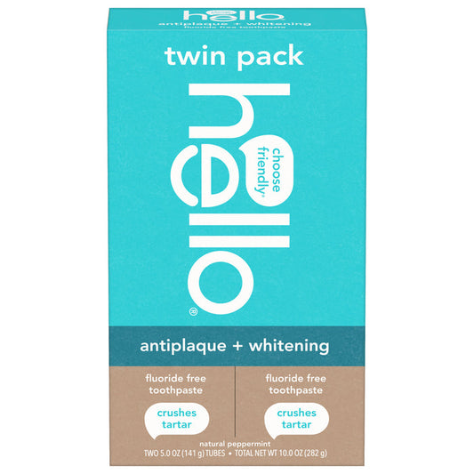 A twin pack of hello Antiplaque + Whitening Fluoride Free Toothpaste in peppermint flavor, with teal packaging and white and brown text accents.