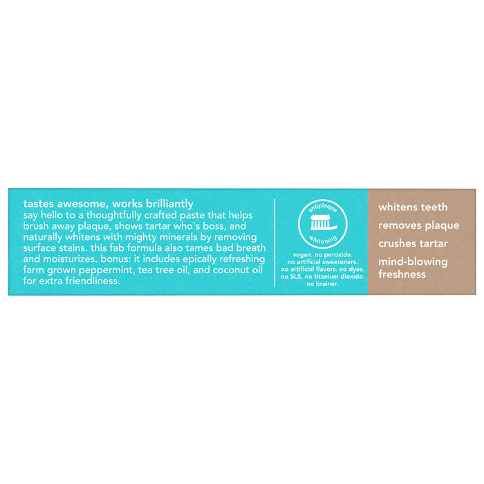 The rectangular label features turquoise and white text highlighting hello Antiplaque + Whitening Fluoride Free Toothpaste Twin Pack’s benefits: whitens teeth, removes plaque & tartar, and freshens breath with peppermint, tea tree oil, & coconut oil.