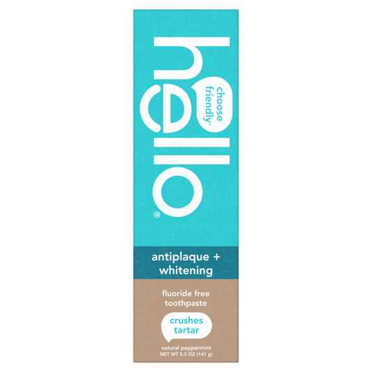 A 5 oz (141 g) box of hello Antiplaque & Whitening Fluoride Free Toothpaste, in teal and brown packaging, features natural peppermint flavor and tartar-crushing benefits.