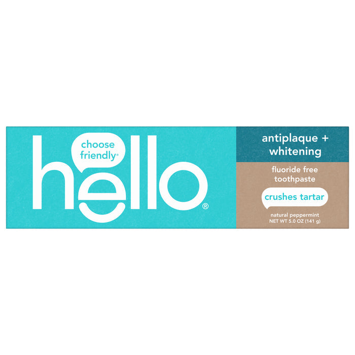 A 5 oz (141 g) box of hello Antiplaque & Whitening Fluoride Free Toothpaste, natural peppermint flavor, features 'choose friendly' on its blue and brown packaging.
