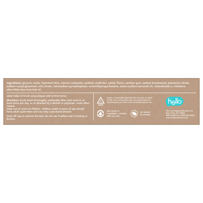 Brown label displays ingredients, usage instructions, and warnings for Antiplaque & Whitening Fluoride Free Toothpaste by hello; features recycling and cruelty-free icons, brand logo, company info, and a customer service number.