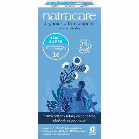 A blue and white box of Natracare Applicator Super Tampons has floral and woman illustrations, a Soil Association Organic seal, a Super 16 absorbency indicator, and claims to be made from 100% cotton and totally chlorine-free for comfortable insertion.