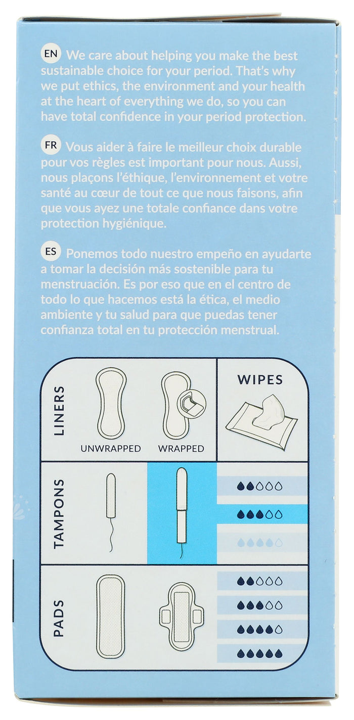 The side of the Natracare Applicator Super Tampons box has text in English, French, and Spanish about sustainable period products. Below are illustrations of a liner, cardboard applicator tampon, pad, and wipe showing different absorbency levels and chlorine-free materials.
