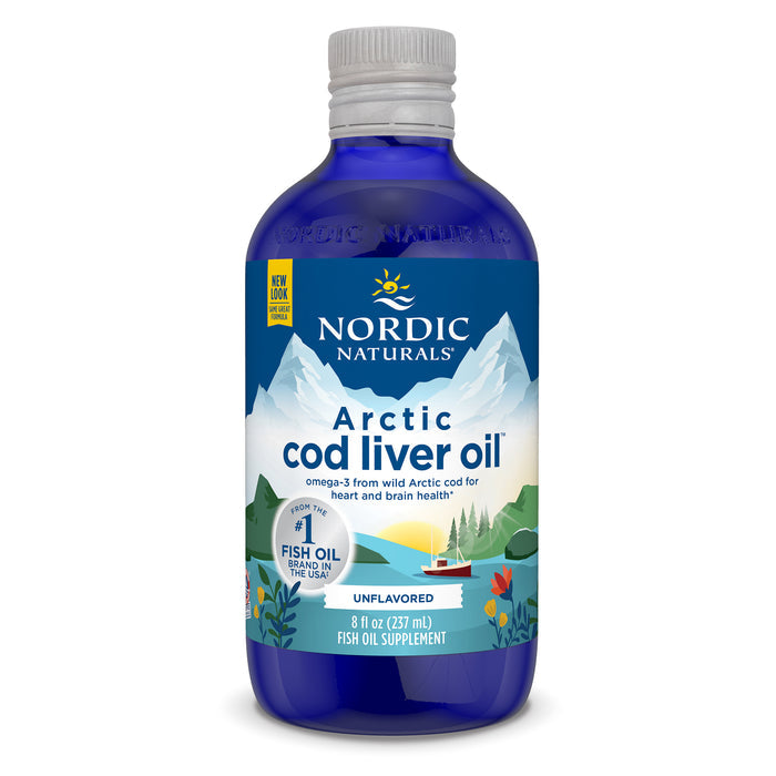 A sustainably sourced 8 fl oz blue bottle of Nordic Naturals Arctic Cod Liver Oil from Norway features snowy mountains on the label, showcasing its unflavored omega-3 benefits for heart and brain health.