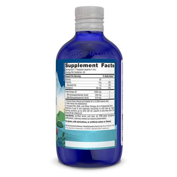 Nordic Naturals Arctic Cod Liver Oil comes in a blue bottle with a white cap. The label details omega-3 rich EPA and DHA from sustainably sourced fish, set against Norwegian-inspired sky and landscape graphics.
