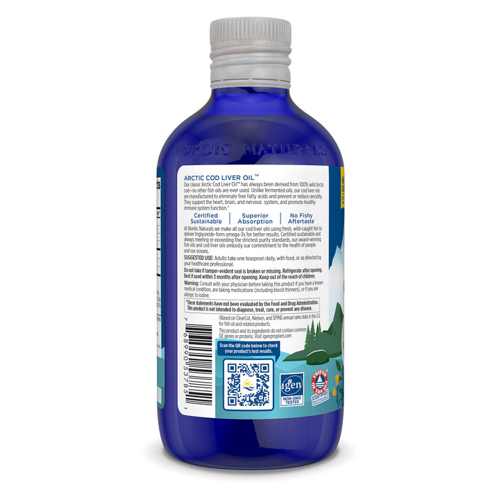 A blue bottle of Nordic Naturals Arctic Cod Liver Oil with a gray cap. The label emphasizes benefits like superior absorption and no artificial additives, including a QR code and certification logos. Proudly Norwegian, it highlights sustainability commitments.