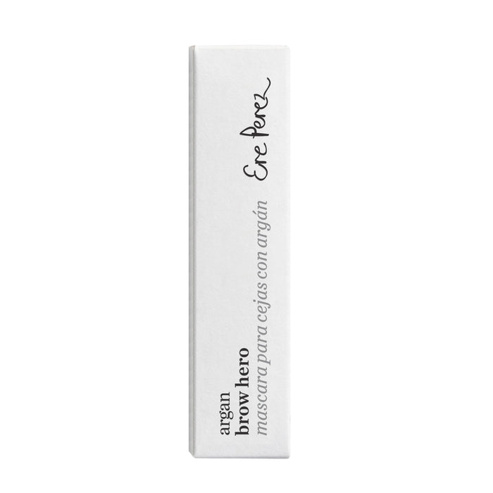 A white rectangular box features Ere Perez in black at the top, describing the Argan Brow Hero brow mascara. It includes vegan fibers for a natural feel and is perfect for defining brows, all set against a plain white background.