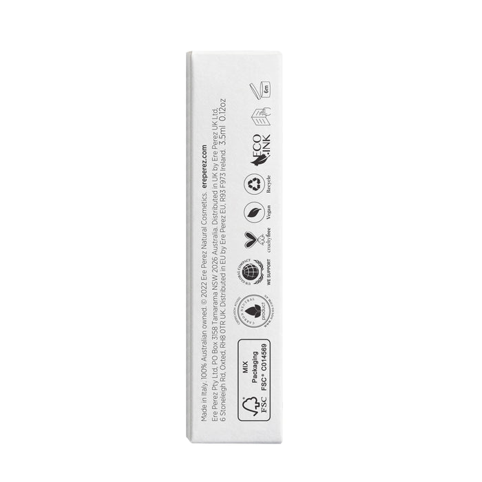 The box’s side view displays a minimalist design, featuring small icons, recycling symbols, and certification seals. The Vegan Fibres label emphasizes Ere Perezs eco-friendly branding for the Argan Brow Hero, with detailed manufacturing information at the bottom.