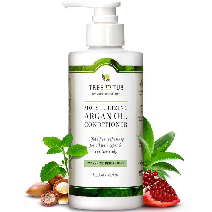 The Tree To Tub Argan Oil Cleansing Conditioner for Oily Hair features natural ingredients such as peppermint, aloe vera, and pomegranate in a sulfate-free formula. Its an ideal hydrating conditioner enriched with nourishing argan nuts and comes with a pump dispenser.