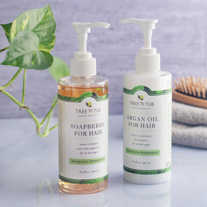 Two Tree To Tub hair product bottles on a light surface: left is soapberry shampoo, right is Argan Oil Cleansing Conditioner for Oily Hair with awakening peppermint scent. In the background, theres a green plant, folded towels, and a wooden hairbrush.